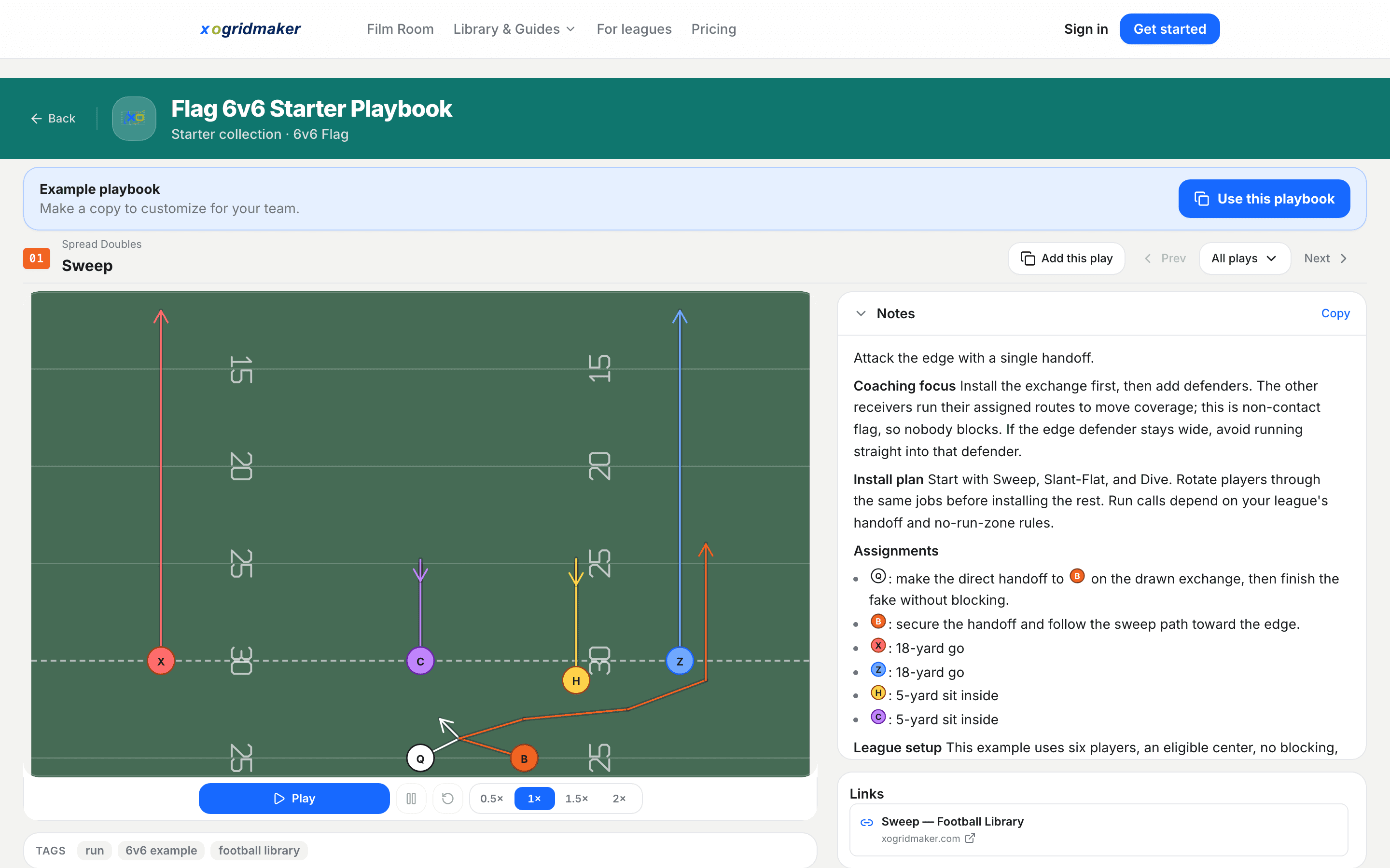 A demo football play open in the XO Gridmaker play editor