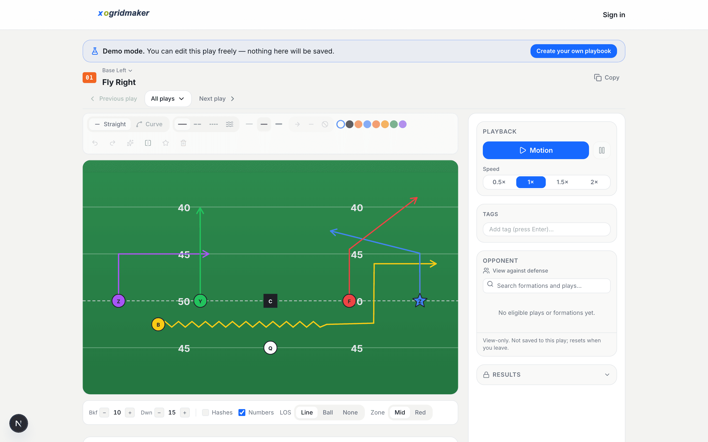 XO Gridmaker play editor showing a football play diagram