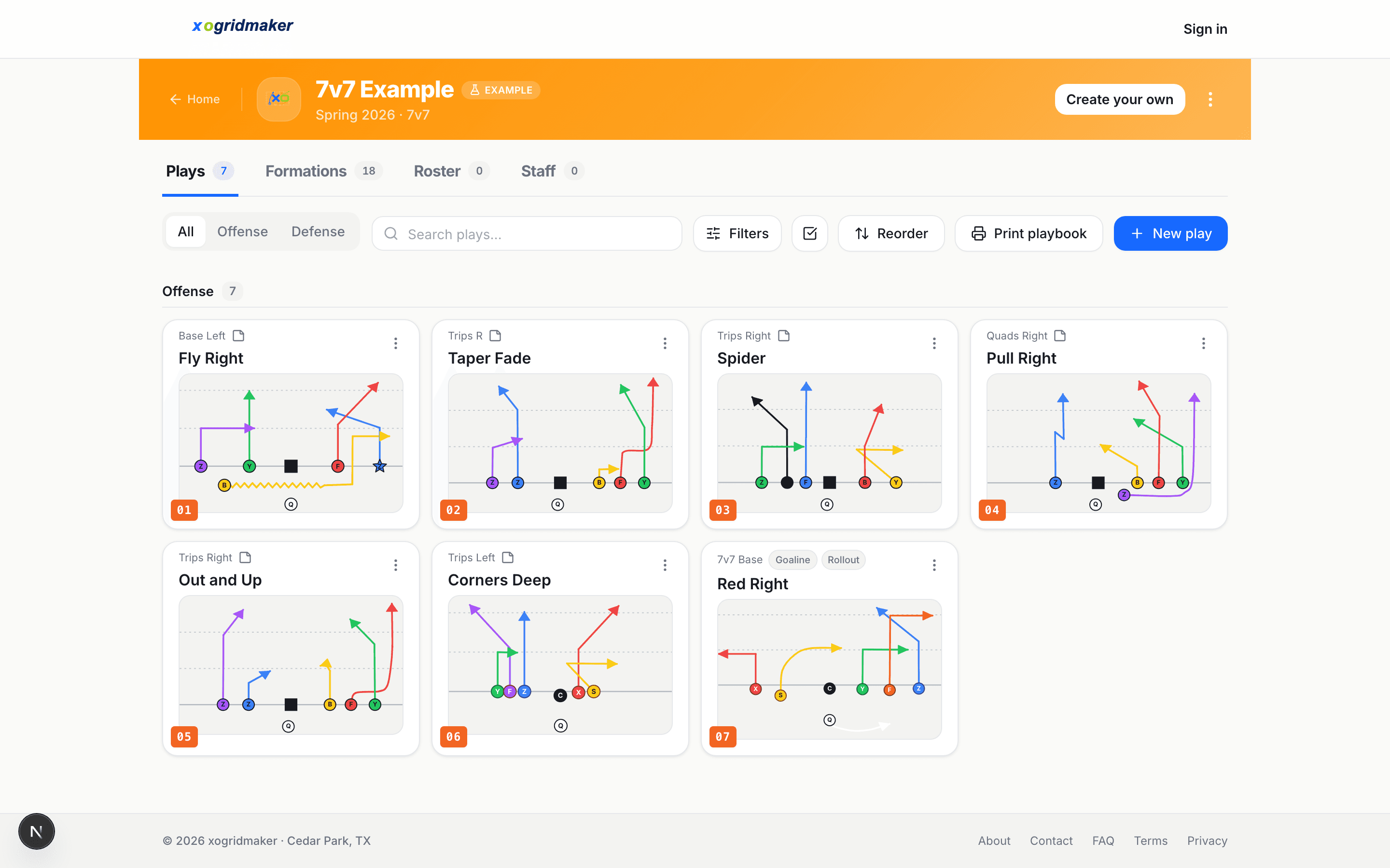 A 7v7 playbook in XO Gridmaker — numbered play cards with route diagrams, and tabs for Formations, Roster, and Staff.