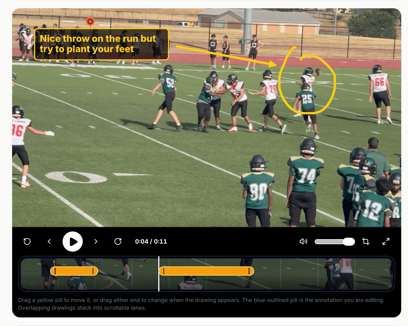 Film Room showing a football play with a circle, arrow, and timed coaching note.